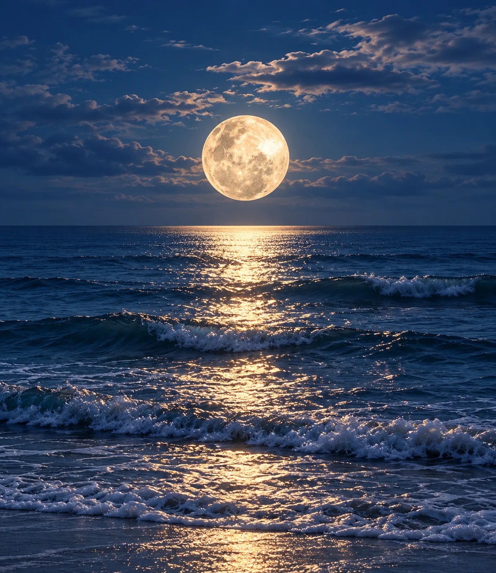 A bright full moon over gentle waves, its light shimmering across the water