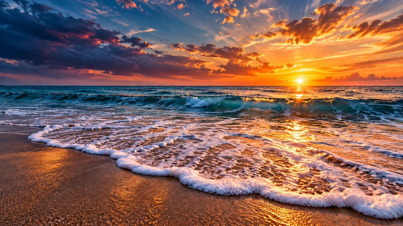 Sunset surf rolling onto a golden beach