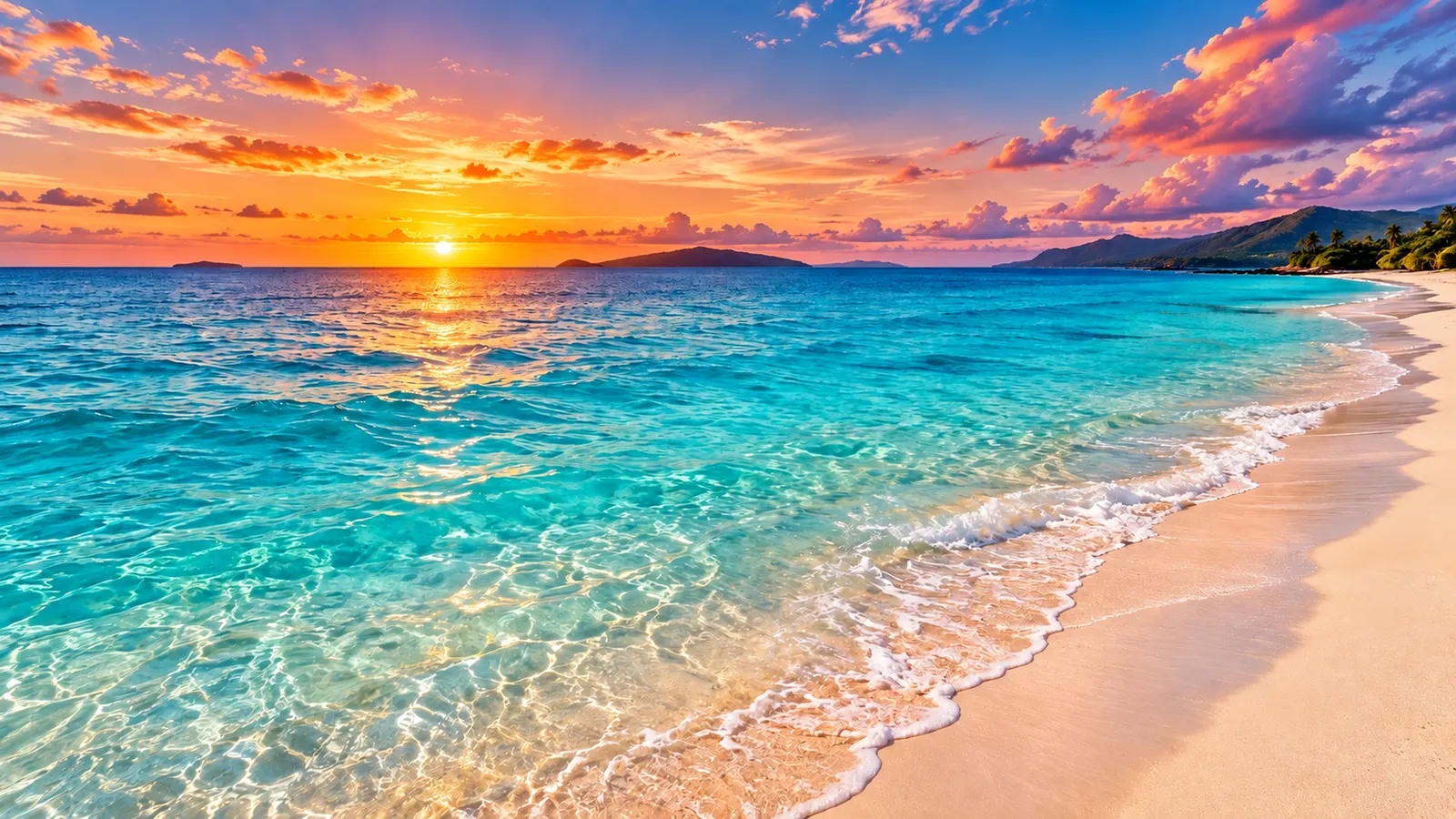 Clear turquoise water on a quiet beach at sunset